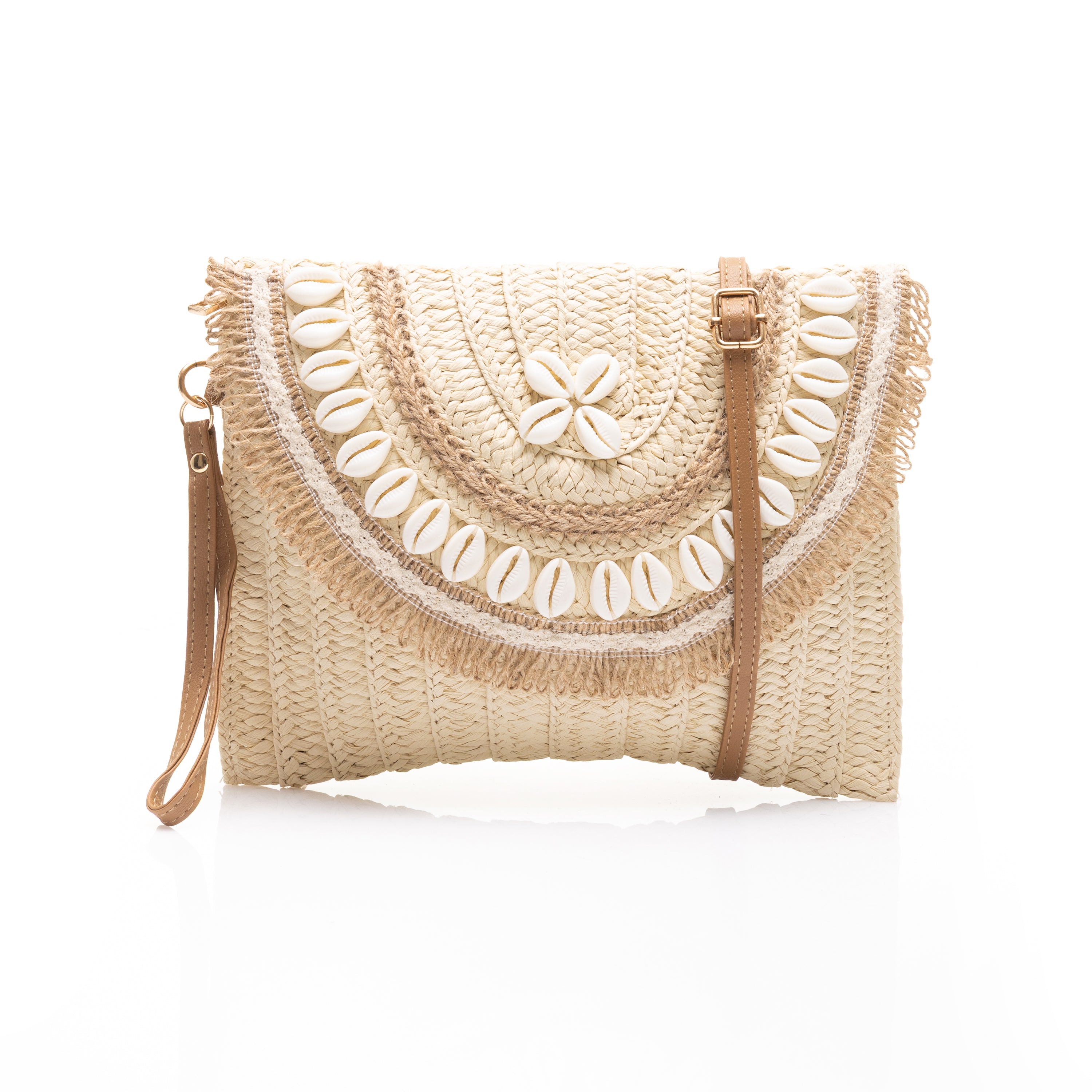 Cowrie Shell Embellished Woven Straw Clutch with Fringe Detail Beige