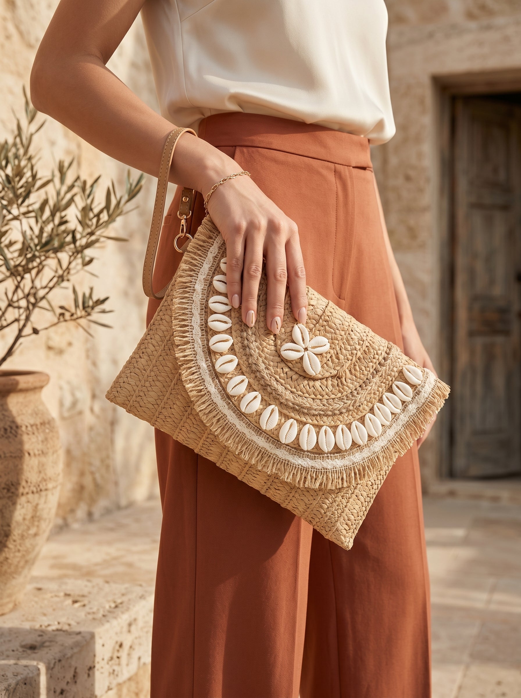 Cowrie Shell Embellished Woven Straw Clutch with Fringe Detail Cafe