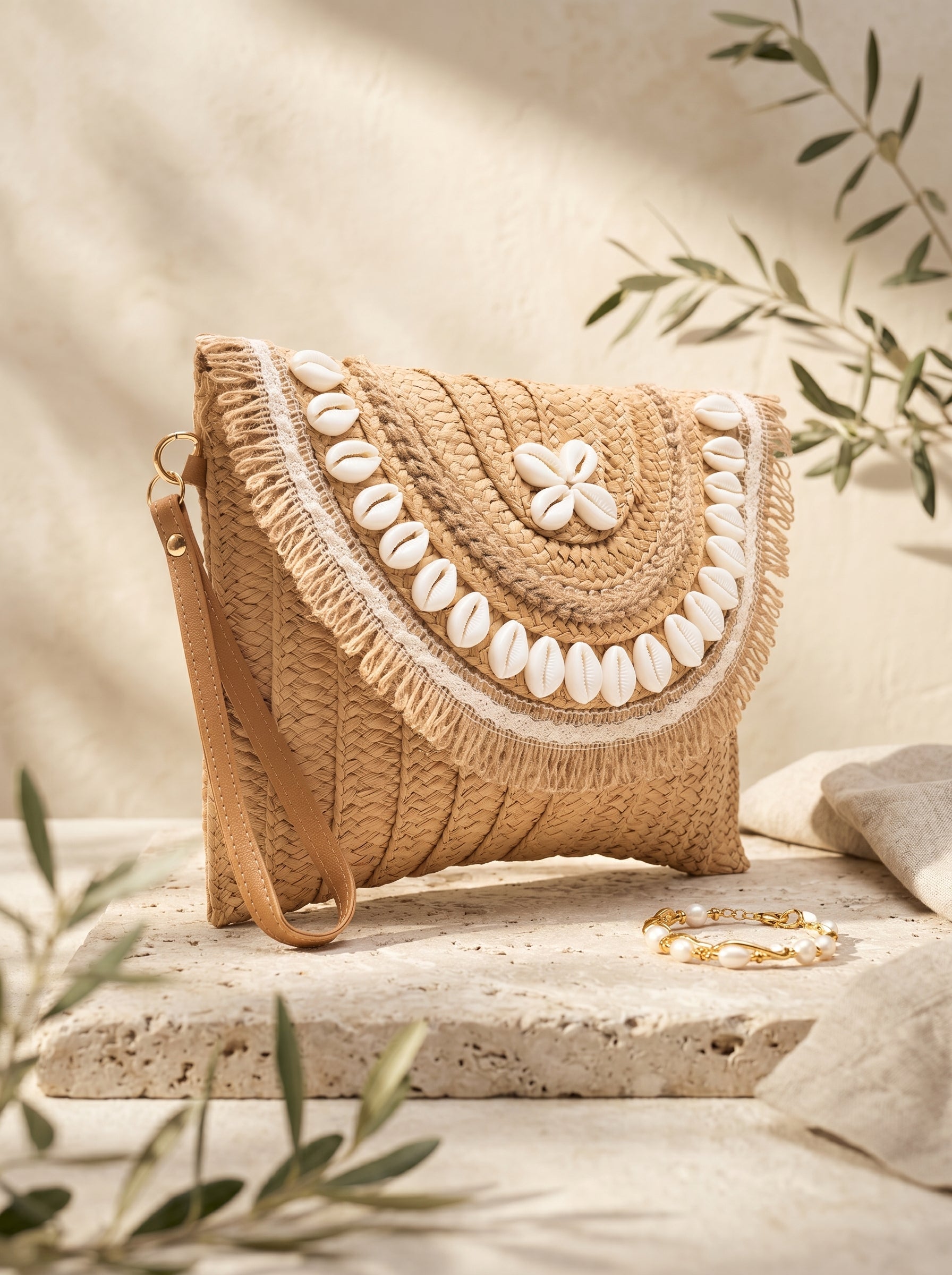 Cowrie Shell Embellished Woven Straw Clutch with Fringe Detail Cafe