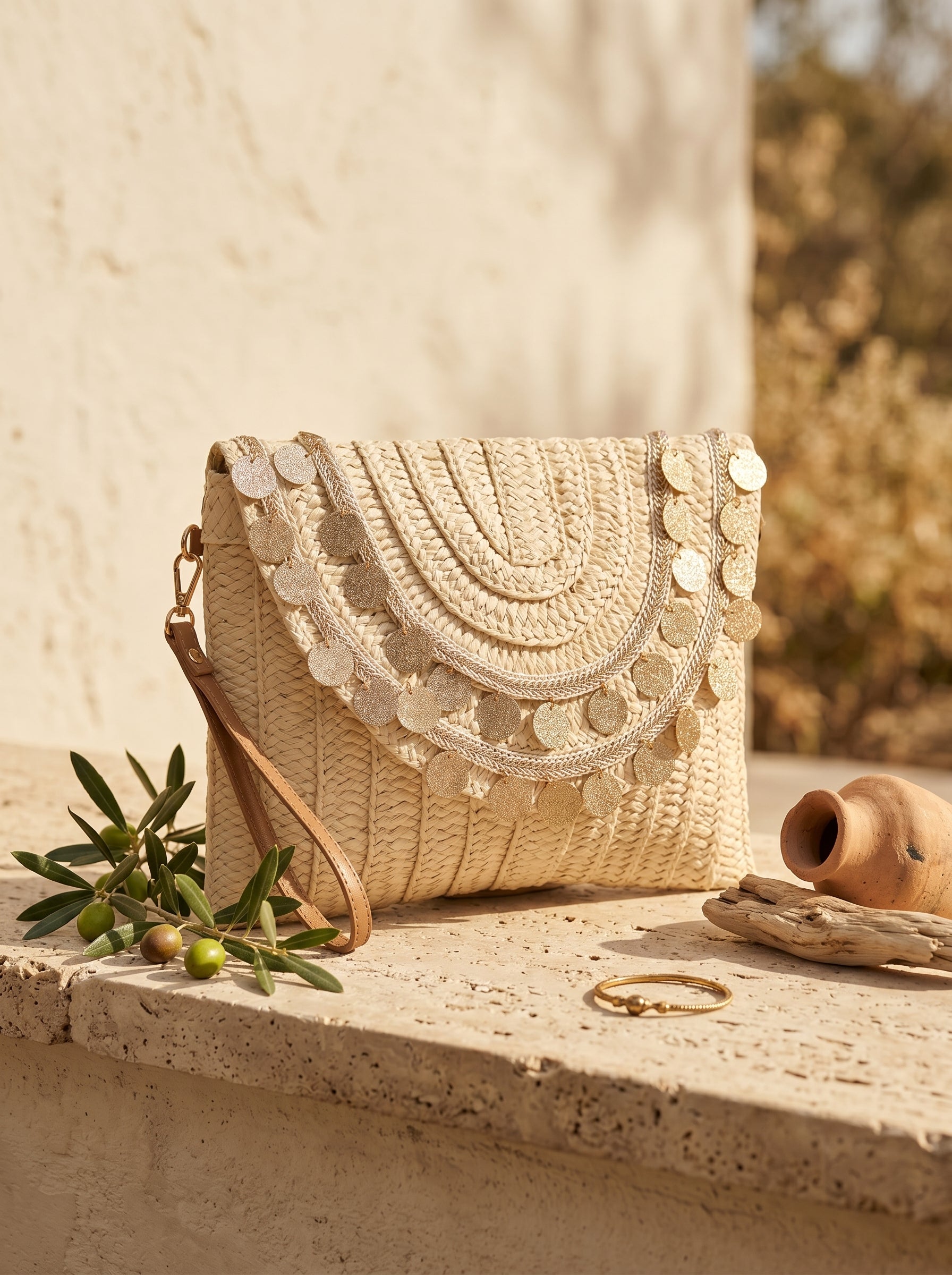 Coin Sequined Woven Straw Clutch and Shoulder Bag Beige