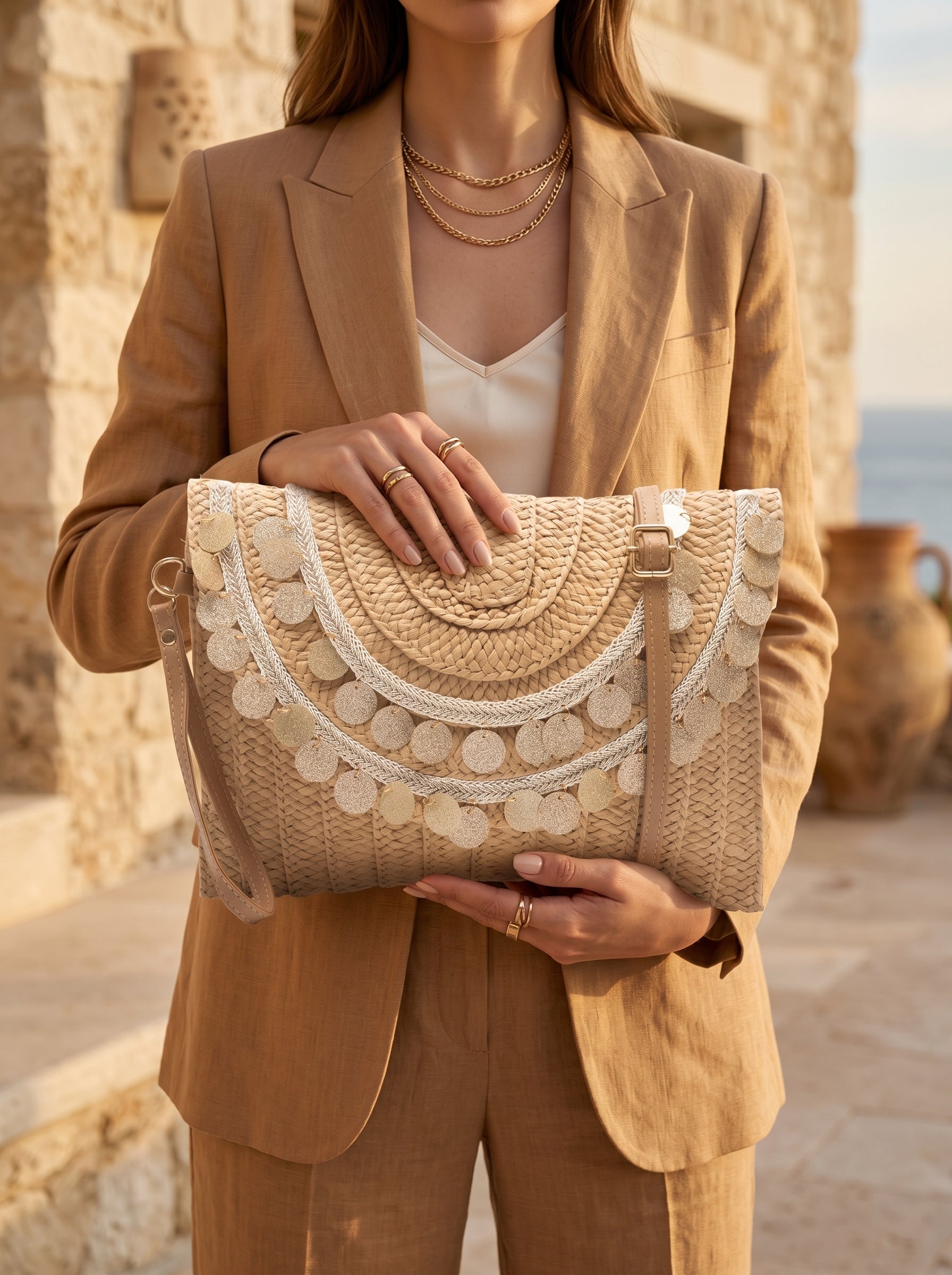 Coin Sequined Woven Straw Clutch and Shoulder Bag Cafe