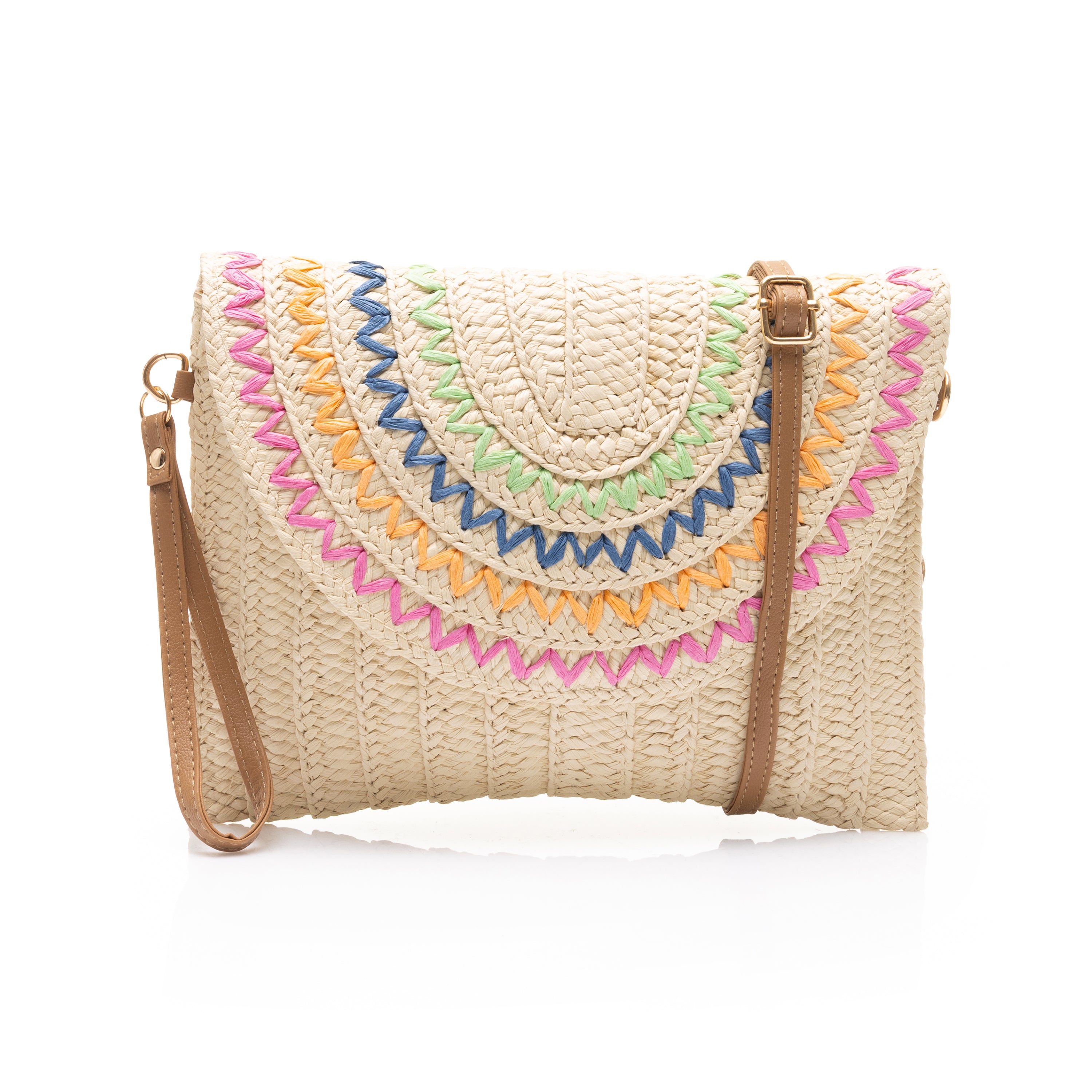 Multi-Color Zig-Zag Embroidery Straw Clutch Bag Beige