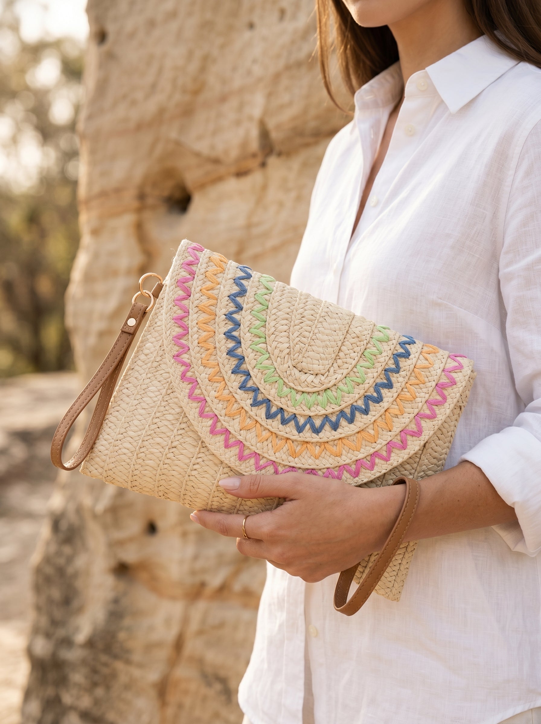 Multi-Color Zig-Zag Embroidery Straw Clutch Bag Beige