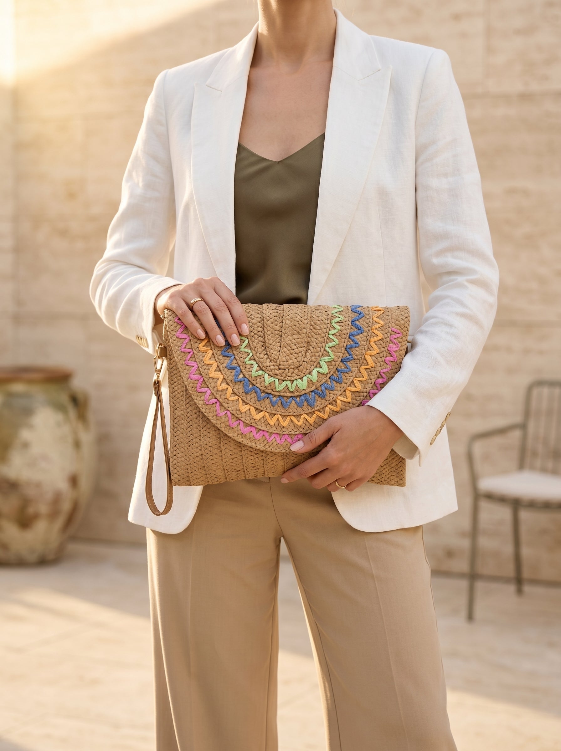 Multi-Color Zig-Zag Embroidery Straw Clutch Bag Cafe