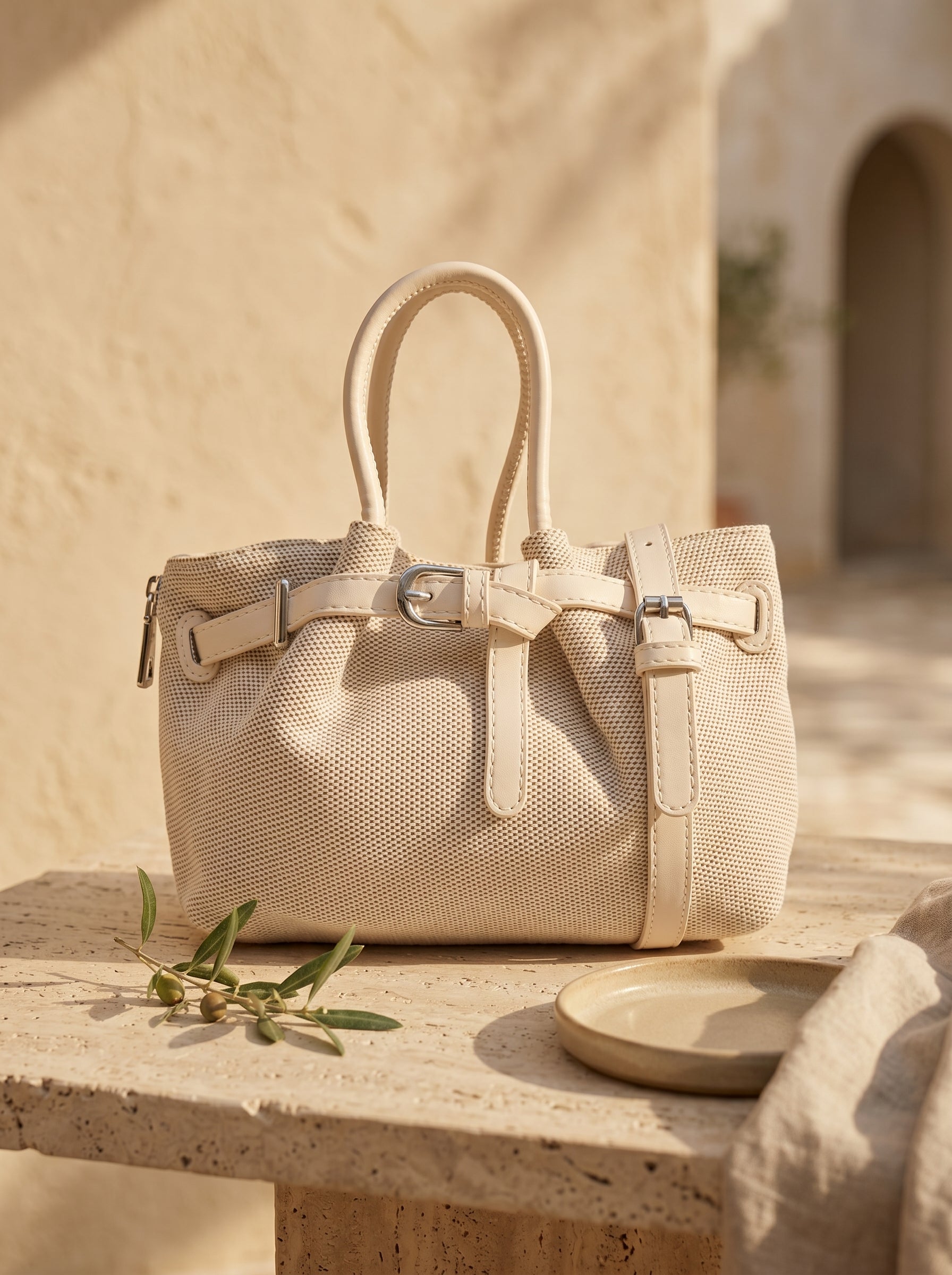 Canvas Tote Bag with Faux-Leather Belted Detail Beige