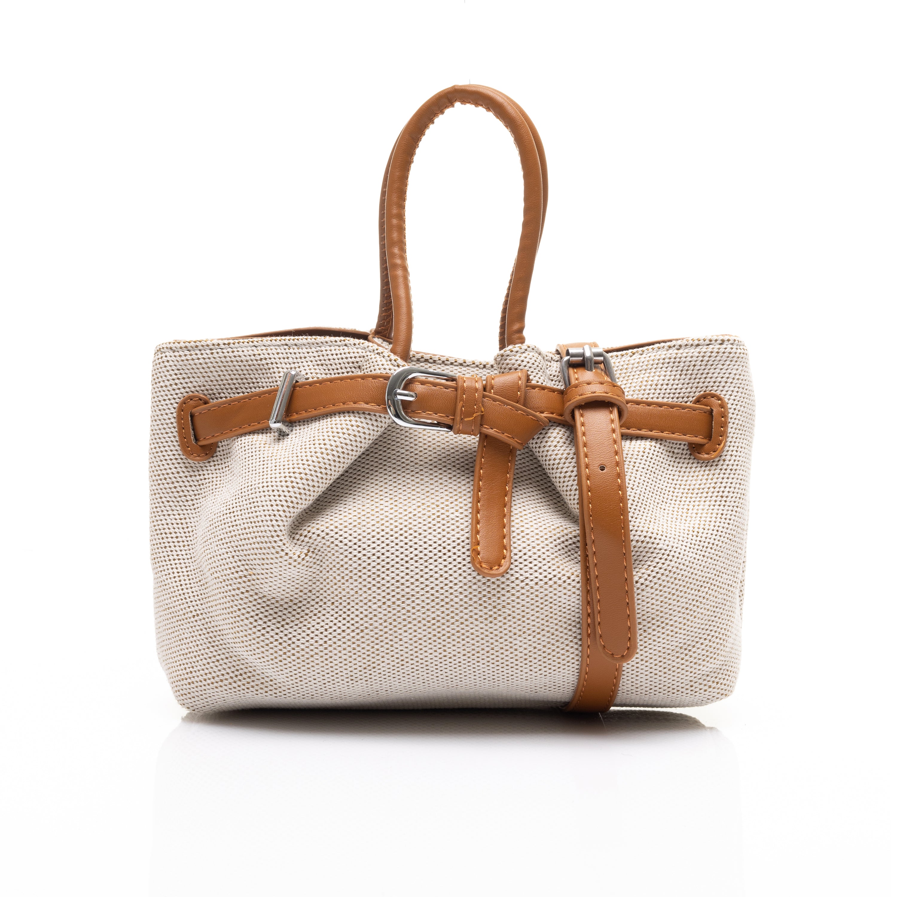 Canvas Tote Bag with Faux-Leather Belted Detail Beige*Brown