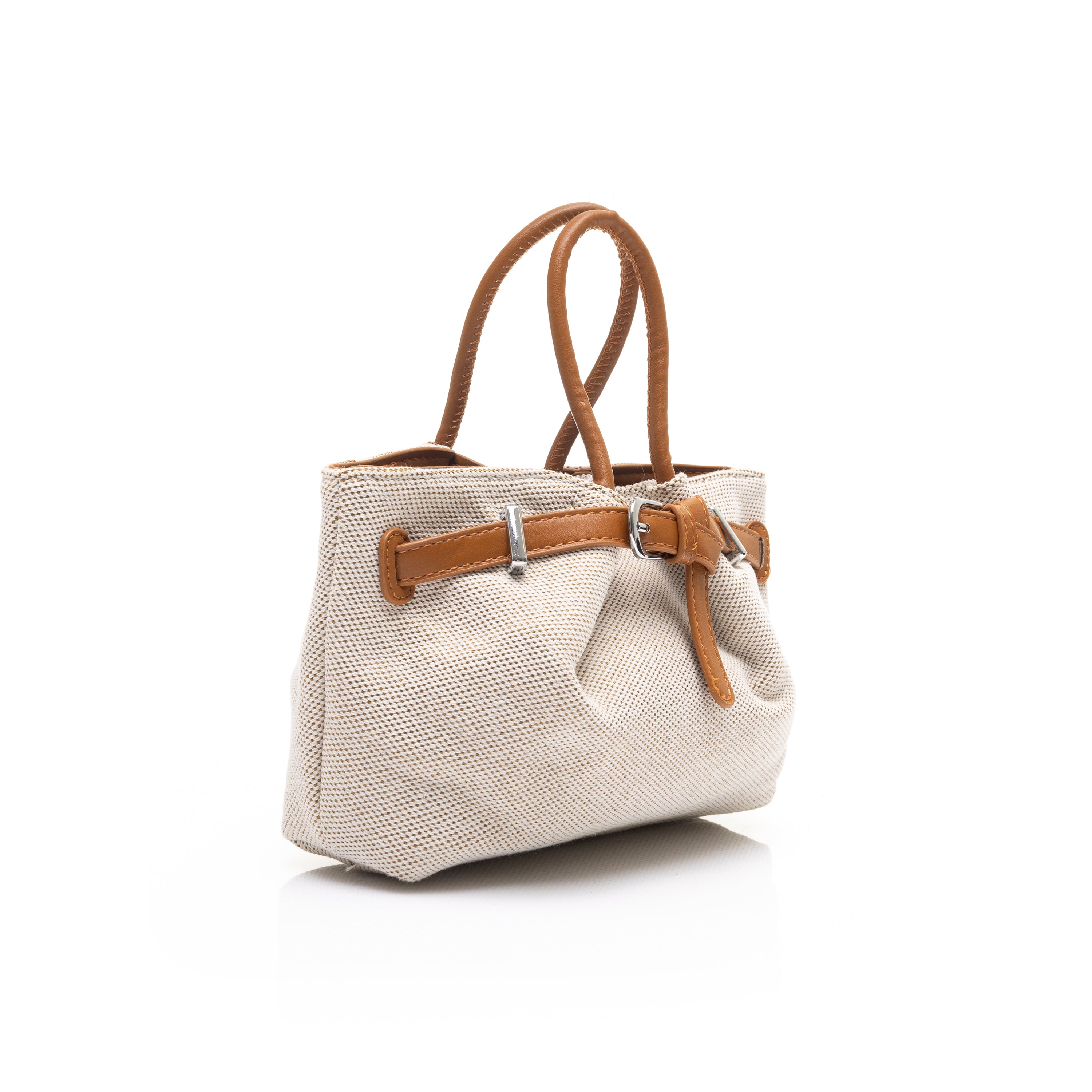 Canvas Tote Bag with Faux-Leather Belted Detail Beige*Brown