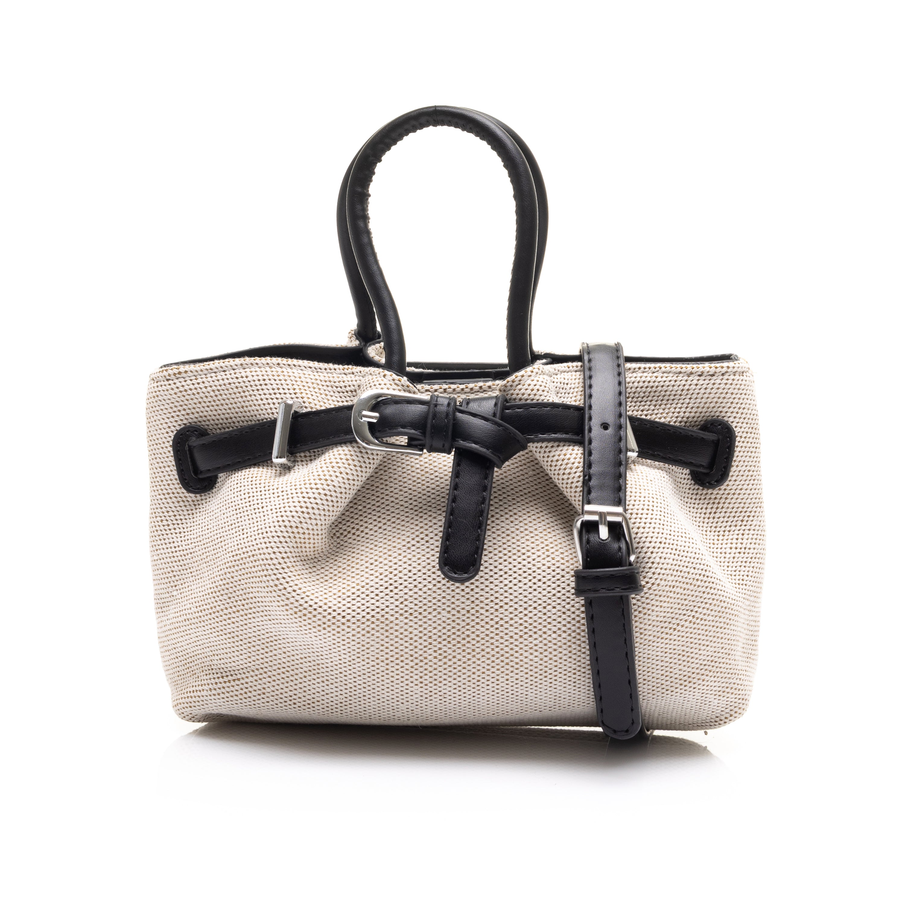 Canvas Tote Bag with Faux-Leather Belted Detail Beige*Black