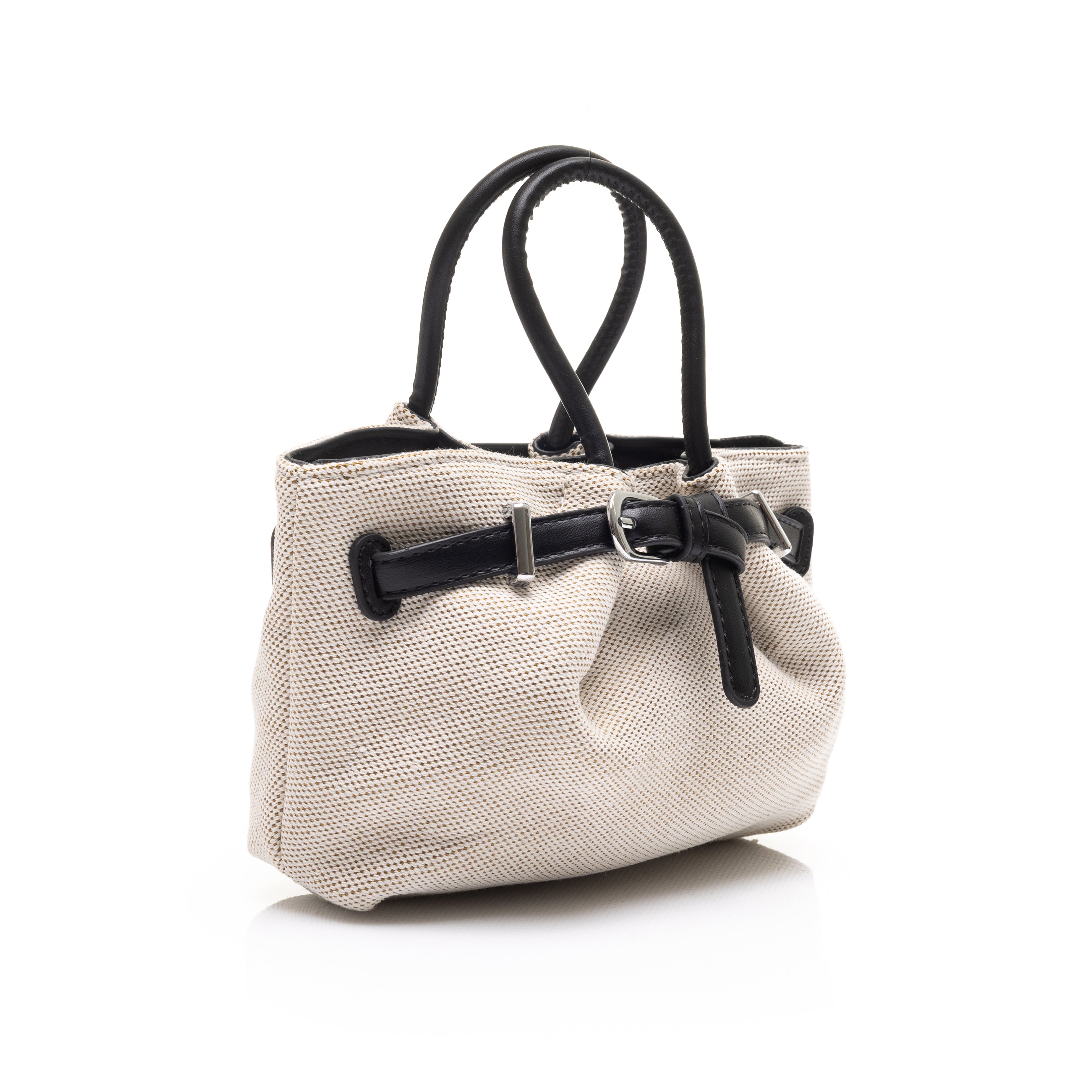 Canvas Tote Bag with Faux-Leather Belted Detail Beige*Black