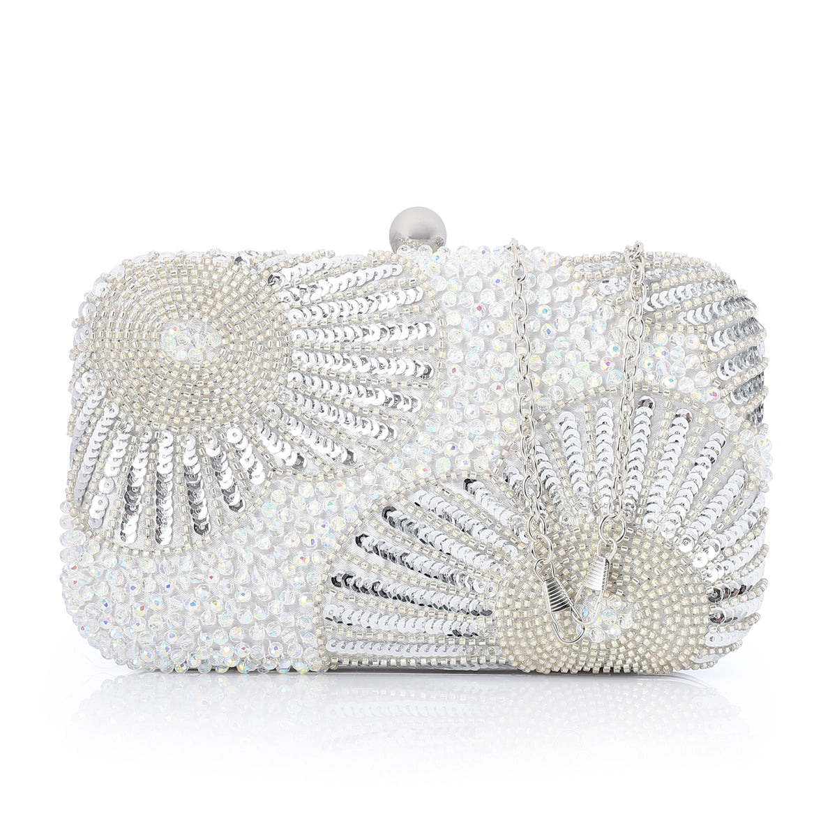 Beaded Sequined Floral Evening Clutch Bag Silver