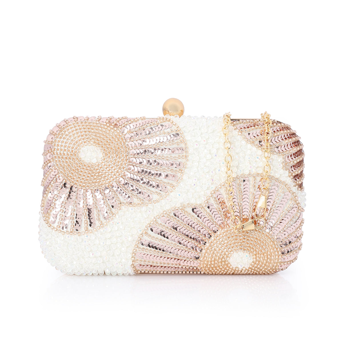 Beaded Sequined Floral Evening Clutch Bag White