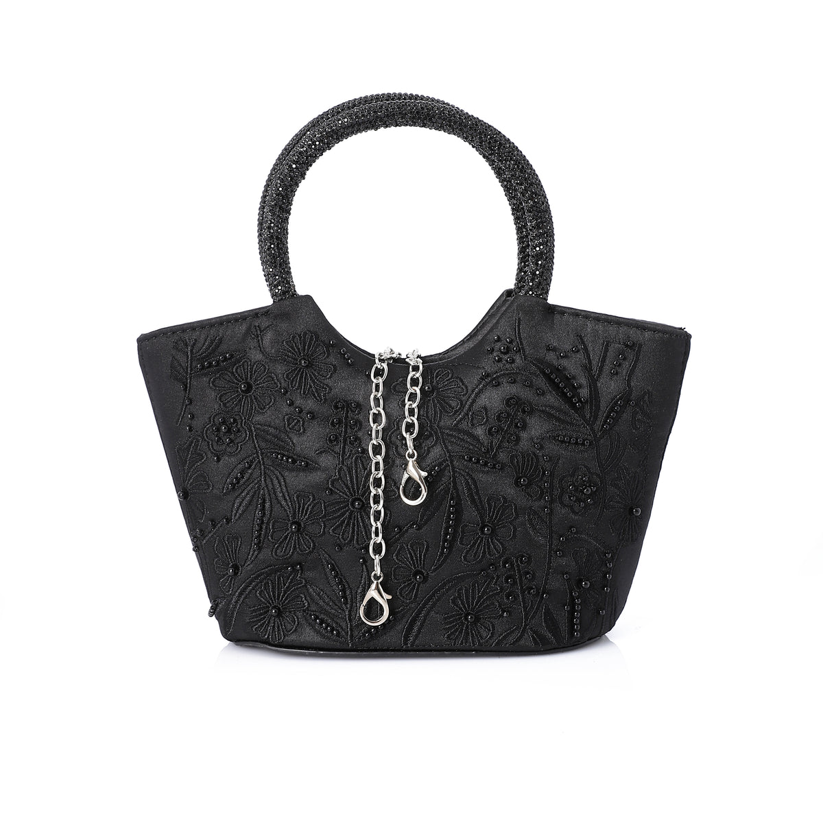 Satin Embroidered Evening Handbag with Rhinestone Handle Black