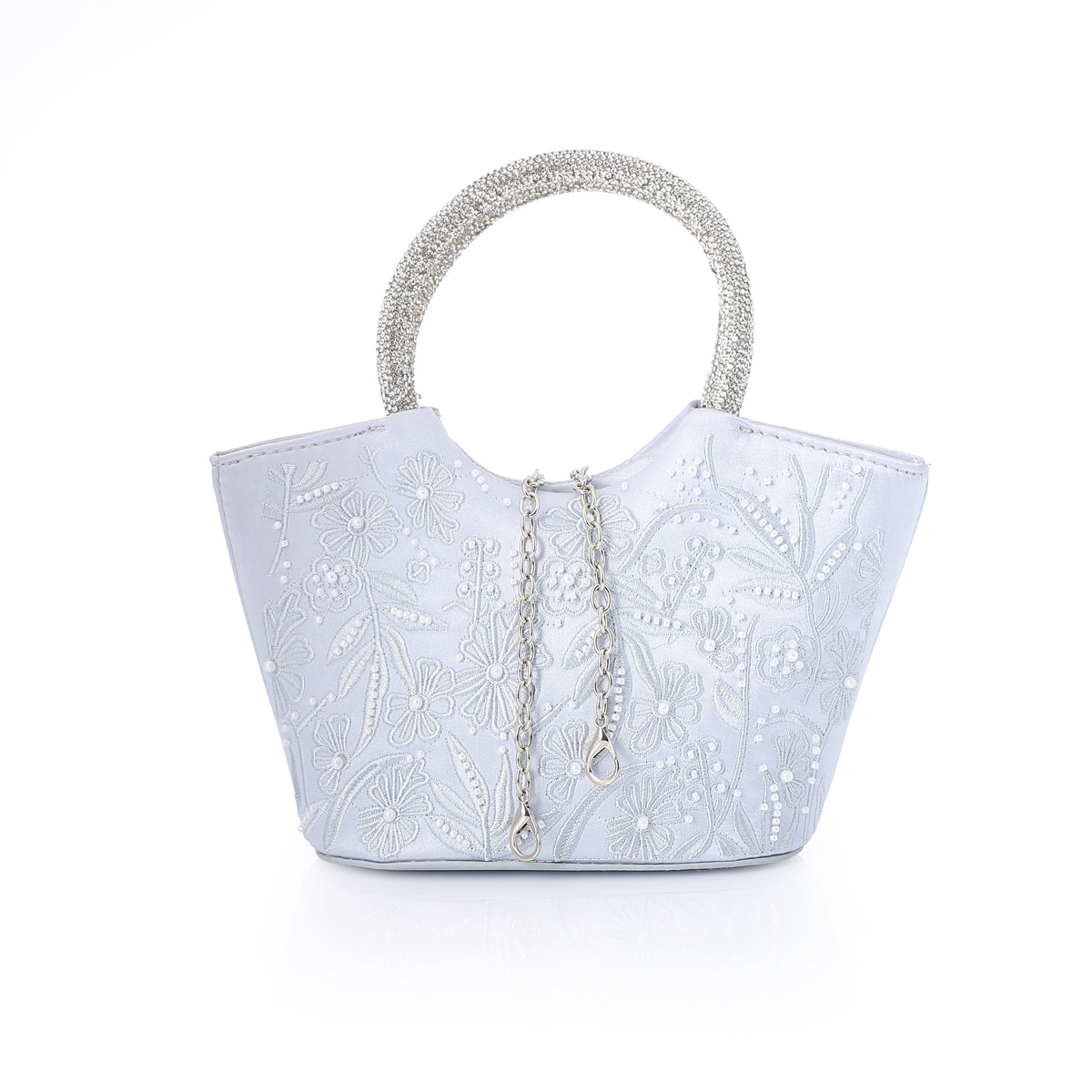 Satin Embroidered Evening Handbag with Rhinestone Handle Silver