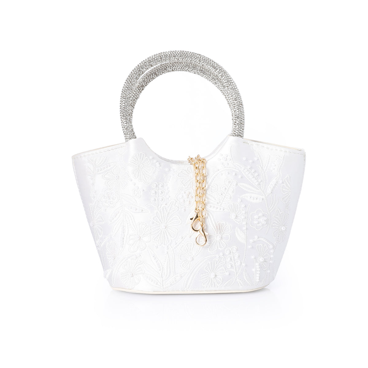 Satin Embroidered Evening Handbag with Rhinestone Handle White