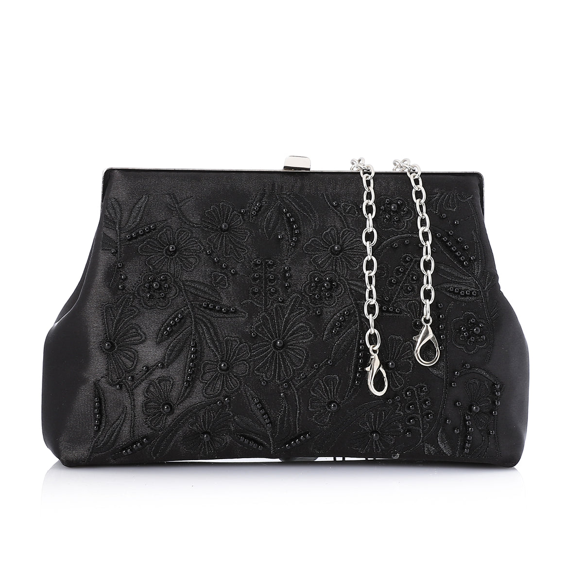 Embroidered Satin Evening Frame Clutch Black