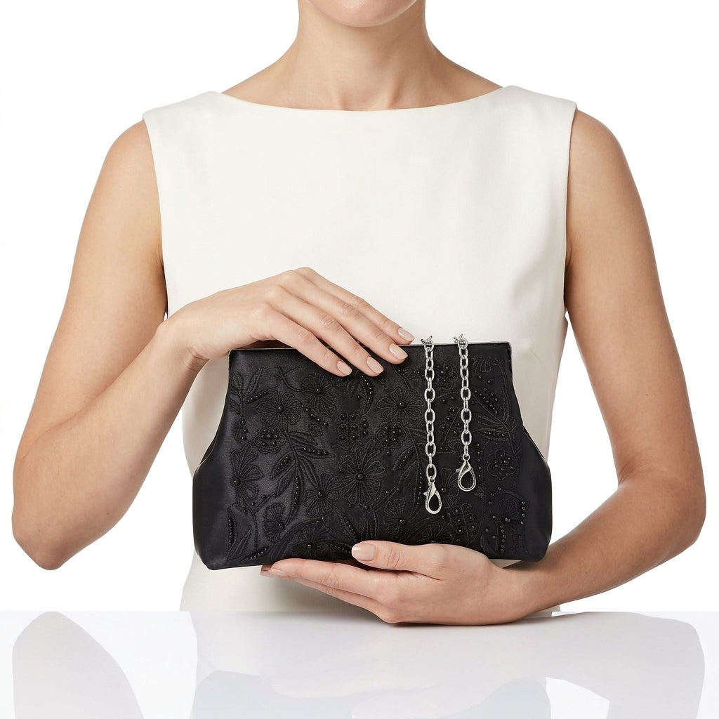 Embroidered Satin Evening Frame Clutch Black