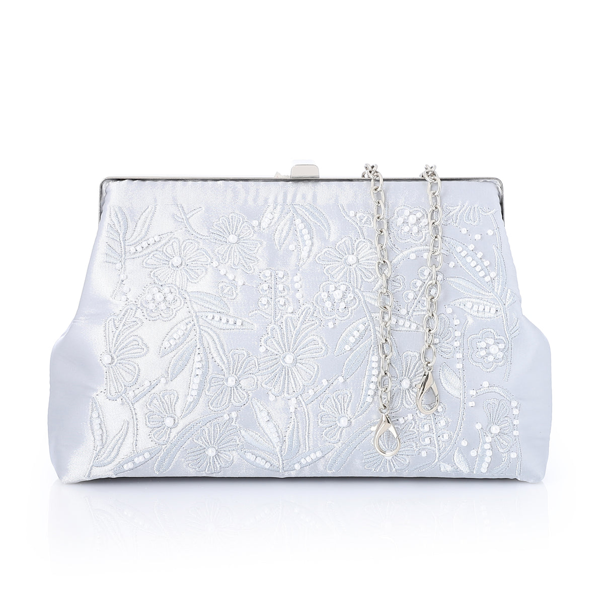 Embroidered Satin Evening Frame Clutch Silver