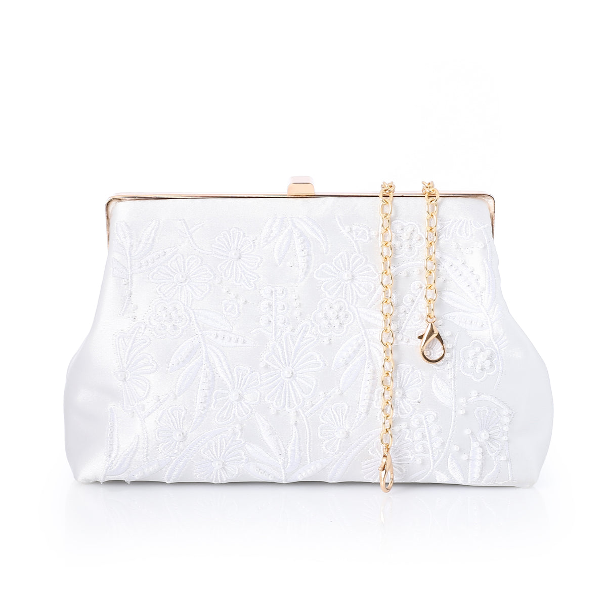 Embroidered Satin Evening Frame Clutch White