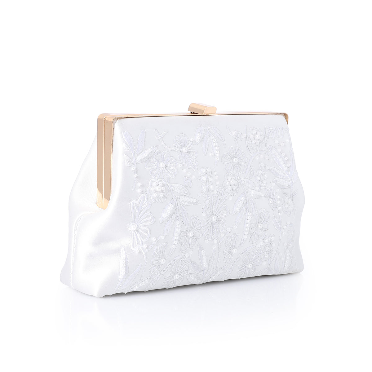 Embroidered Satin Evening Frame Clutch White