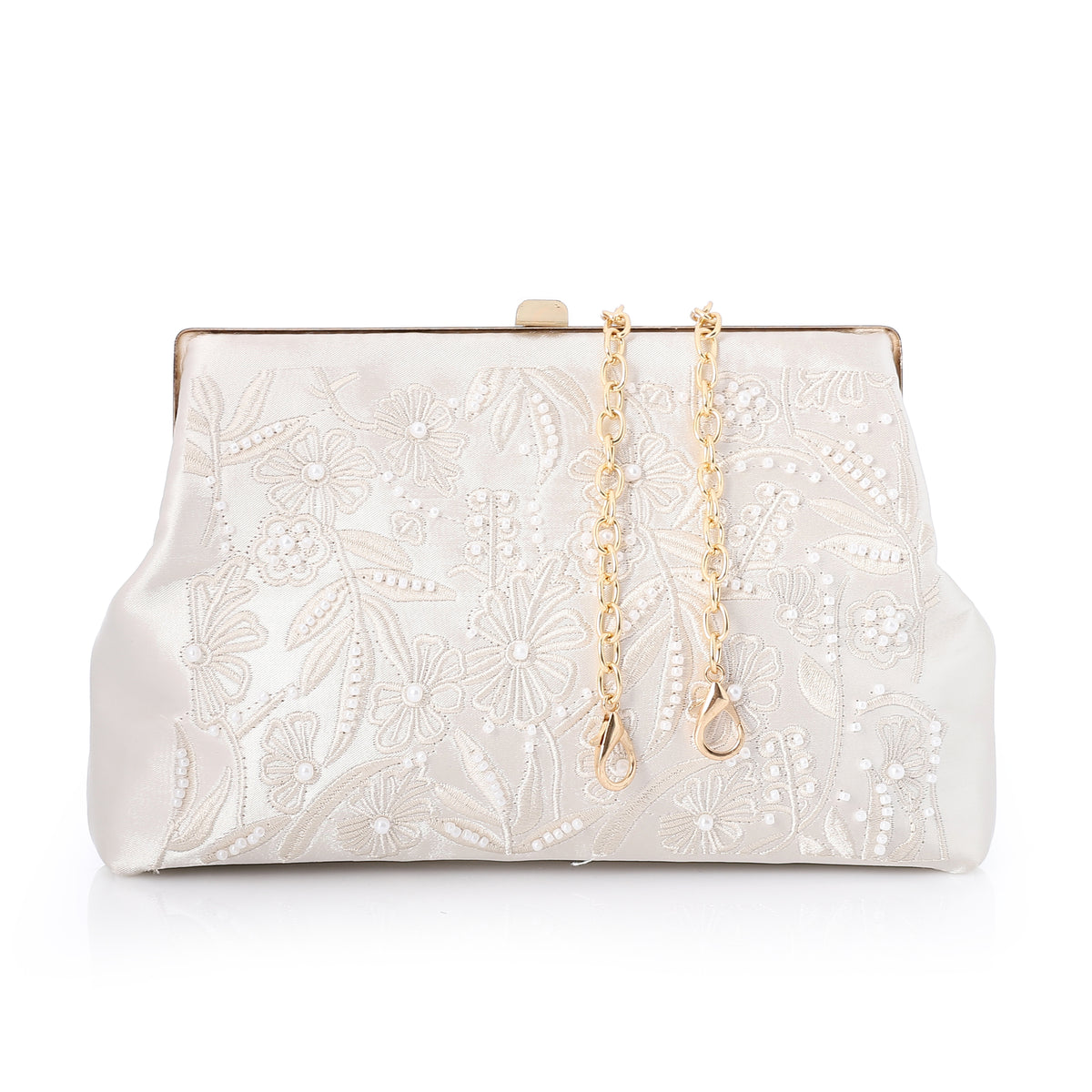 Embroidered Satin Evening Frame Clutch Beige