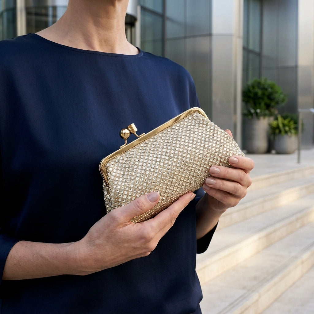Rhinestone Frame Evening Clutch Gold