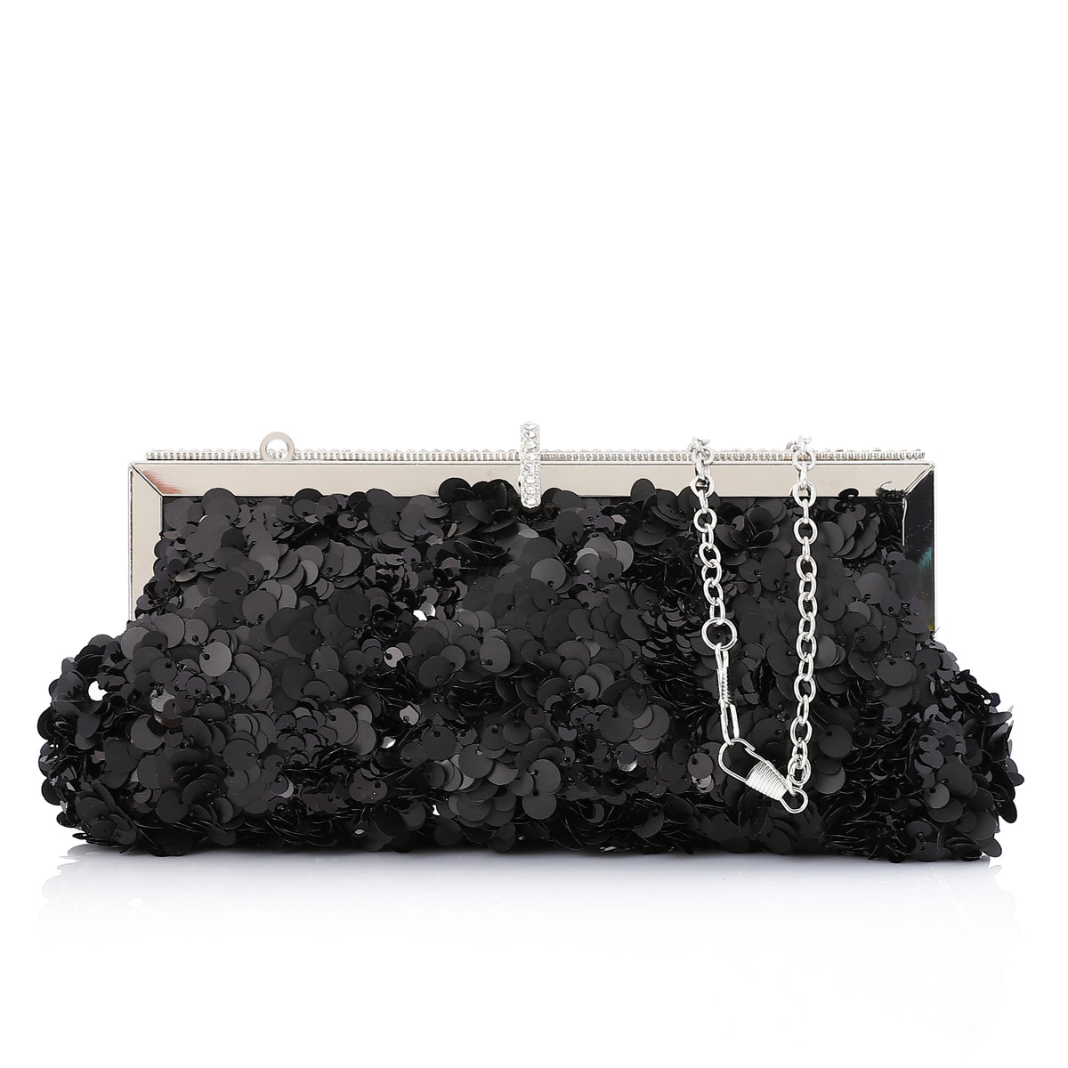 Floral Sequin Evening Frame Clutch Black
