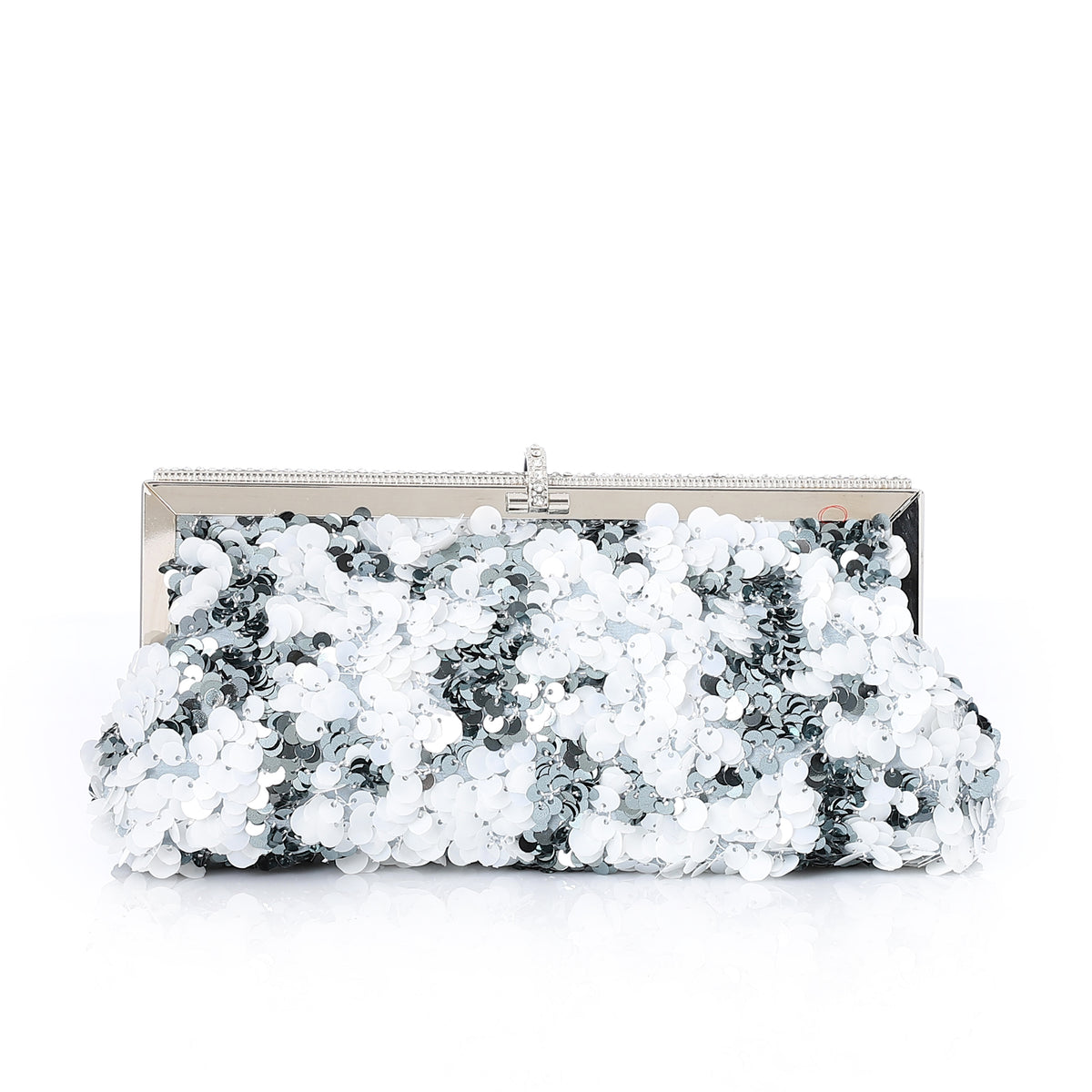 Floral Sequin Evening Frame Clutch Silver