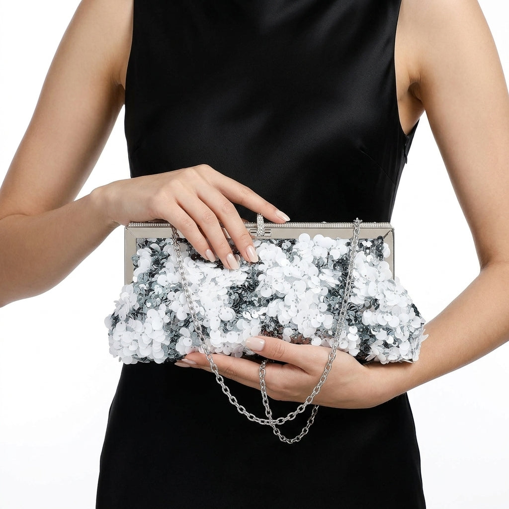 Floral Sequin Evening Frame Clutch Silver
