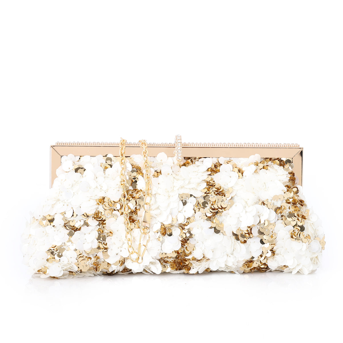 Floral Sequin Evening Frame Clutch Gold