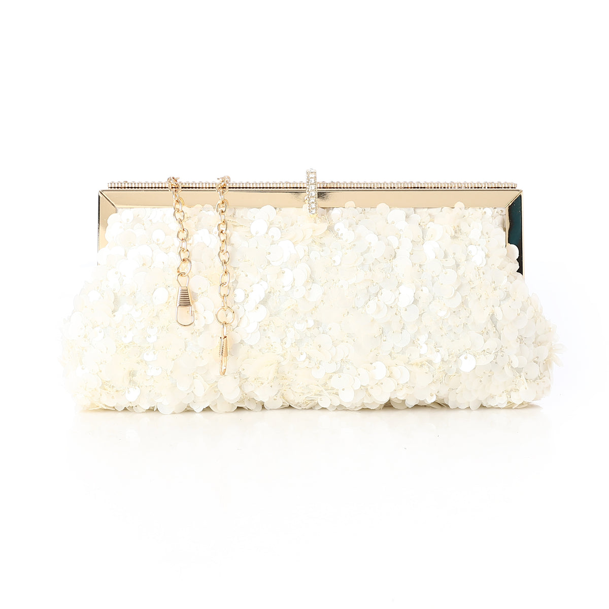 Floral Sequin Evening Frame Clutch Off White