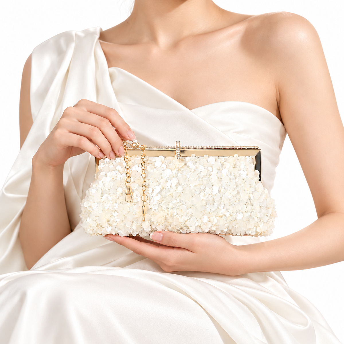 Floral Sequin Evening Frame Clutch Off White