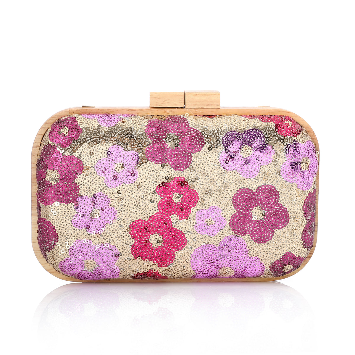 Floral Sequin Wooden Frame Evening Clutch Gold*Purple