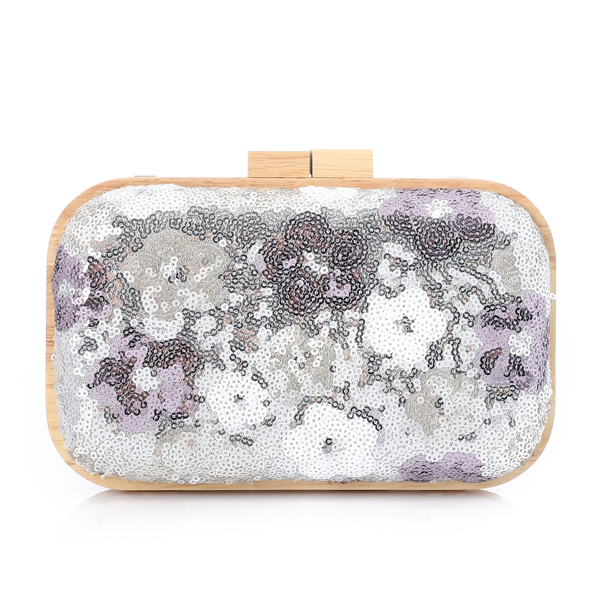 Floral Sequin Wooden Frame Evening Clutch Silver*Purple
