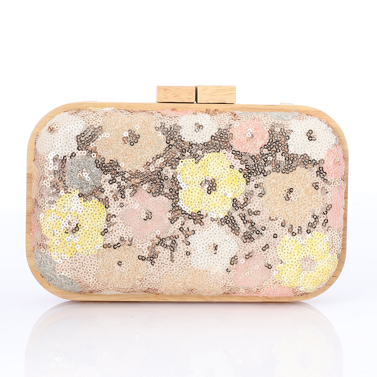 Floral Sequin Wooden Frame Evening Clutch Gold*pink