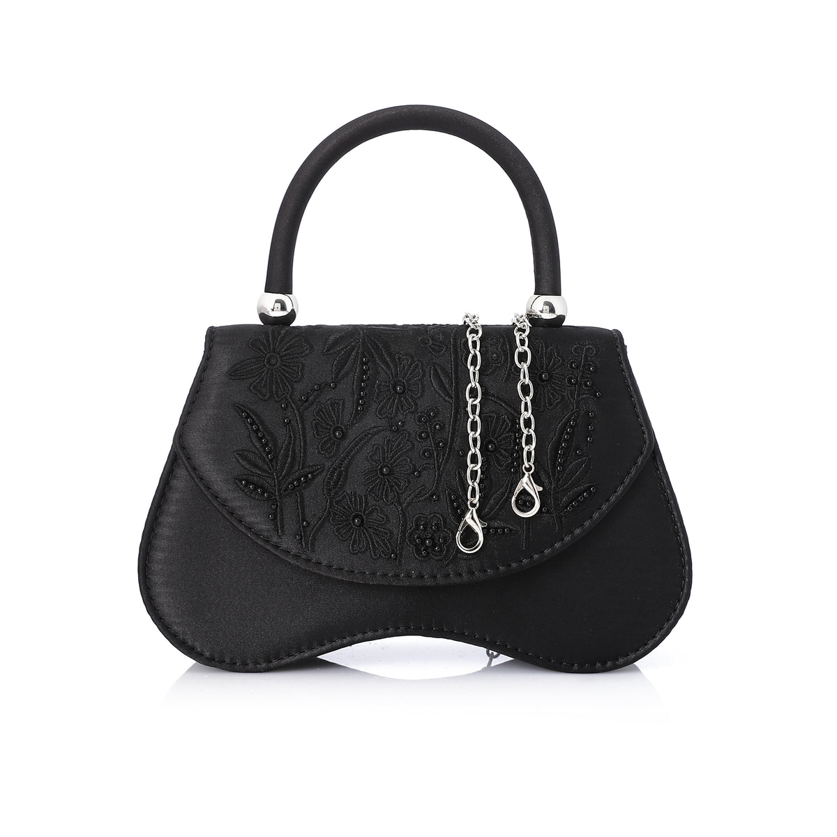 Embroidered Flap Top-Handle Evening Bag Black