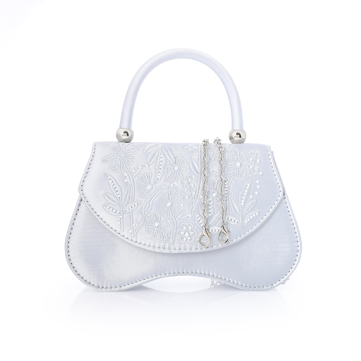 Embroidered Flap Top-Handle Evening Bag Silver