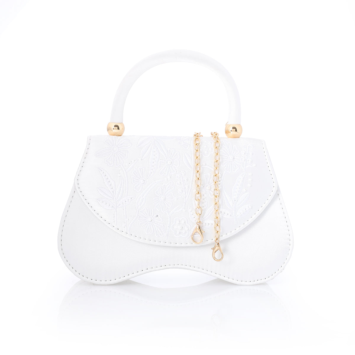 Embroidered Flap Top-Handle Evening Bag White