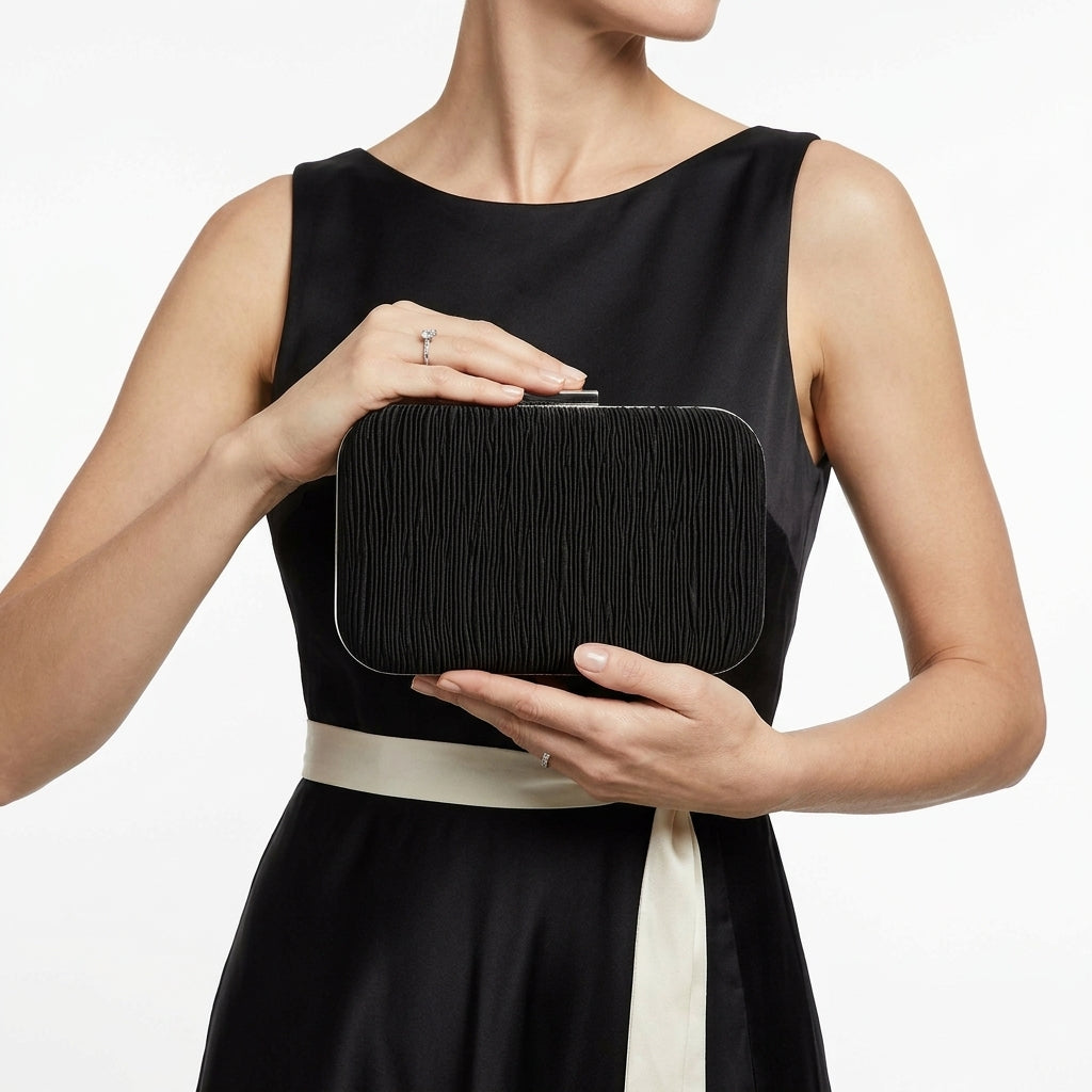 Pleated Satin Evening Hard-Shell Clutch Black