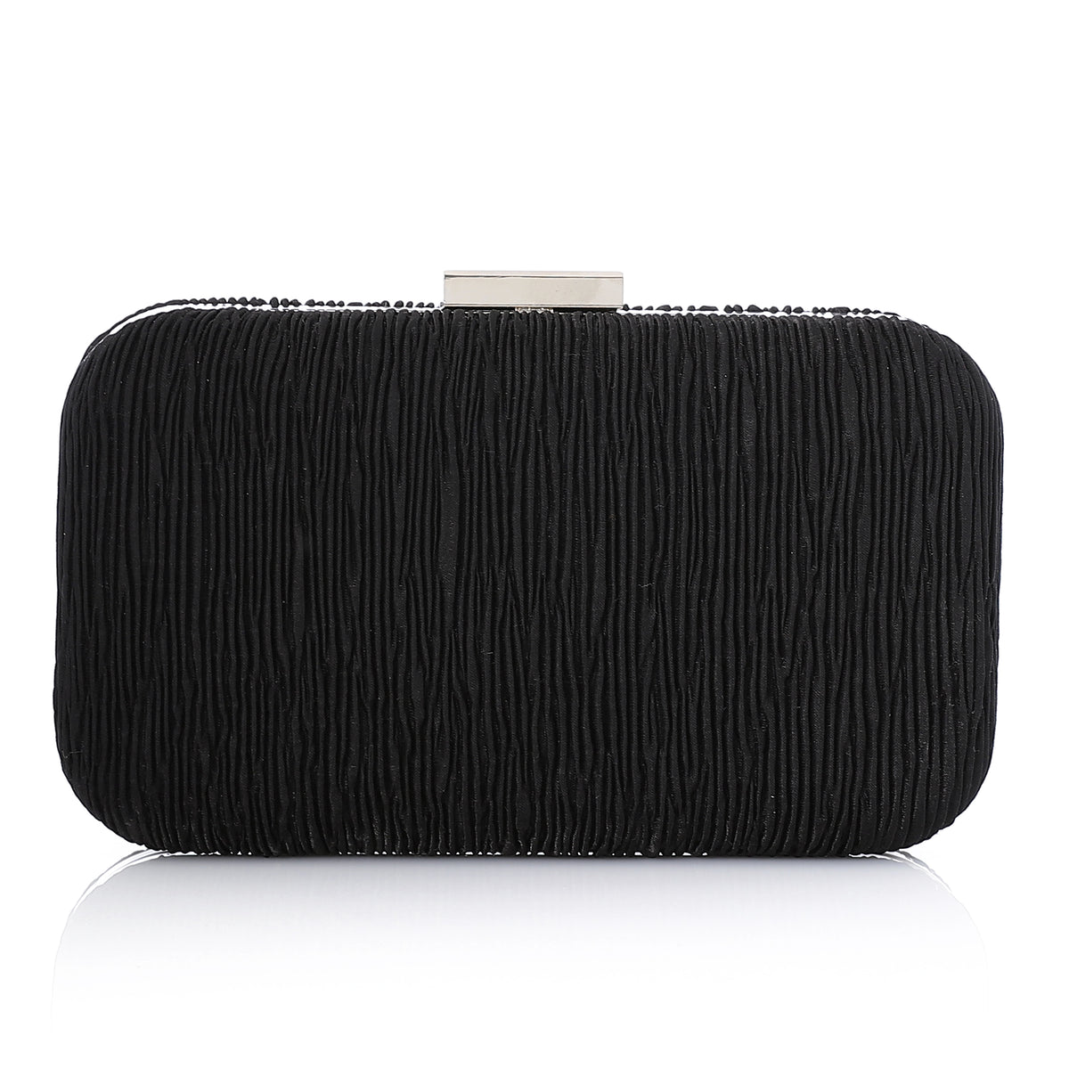 Pleated Satin Evening Hard-Shell Clutch Black