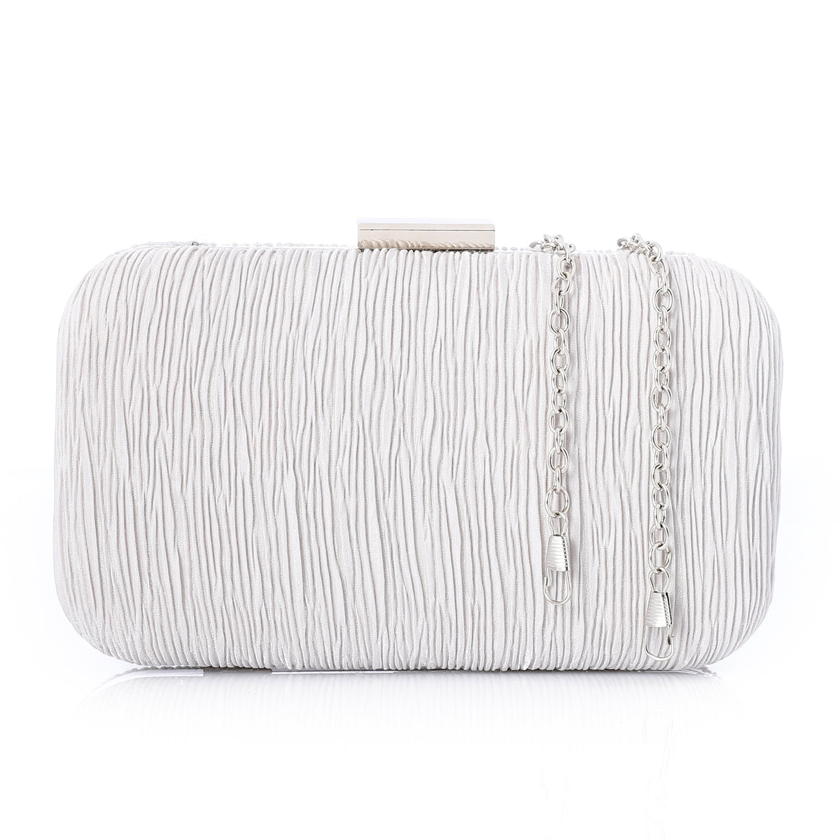 Pleated Satin Evening Hard-Shell Clutch Silver
