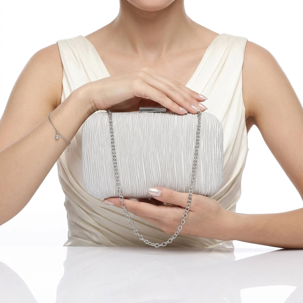 Pleated Satin Evening Hard-Shell Clutch Silver