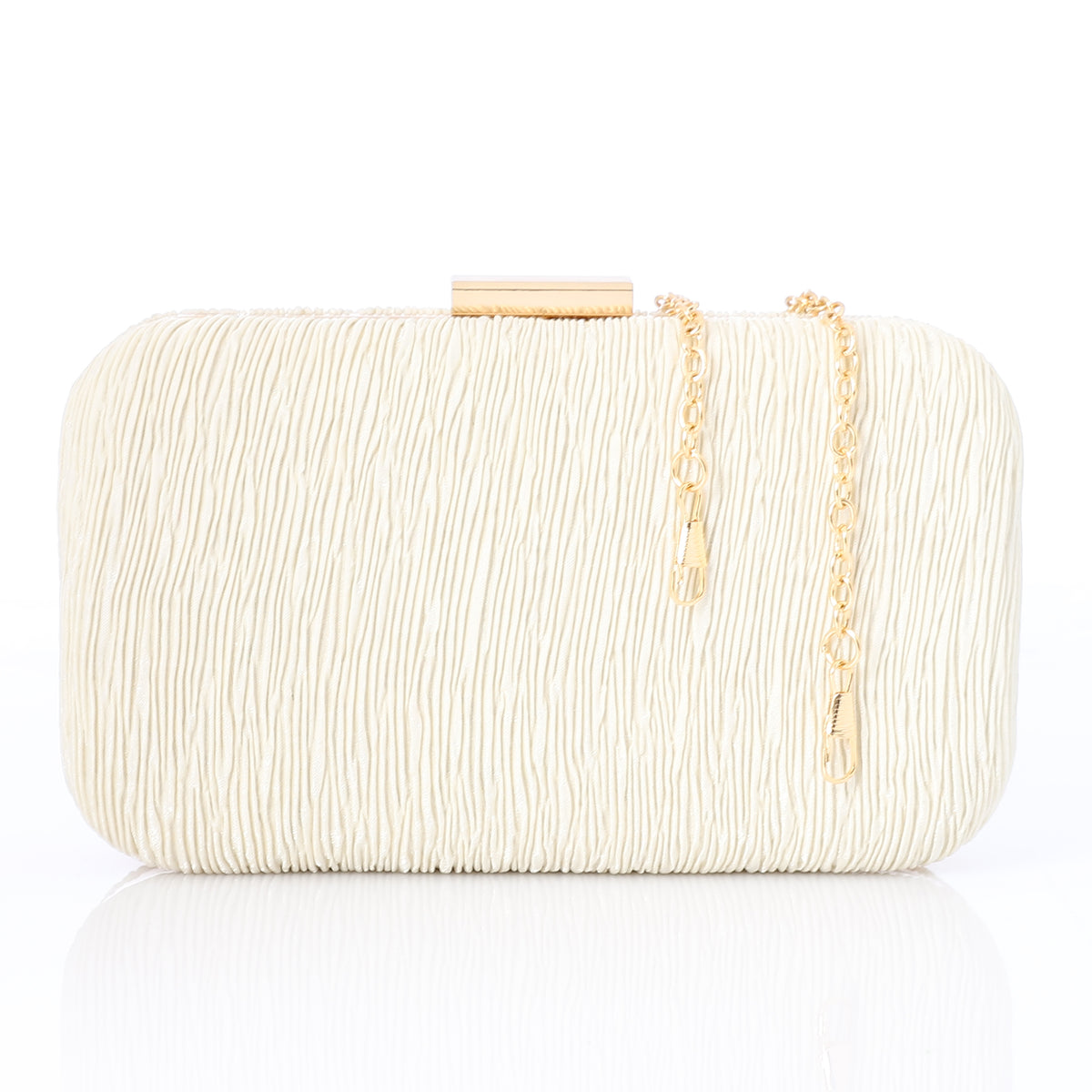 Pleated Satin Evening Hard-Shell Clutch Beige