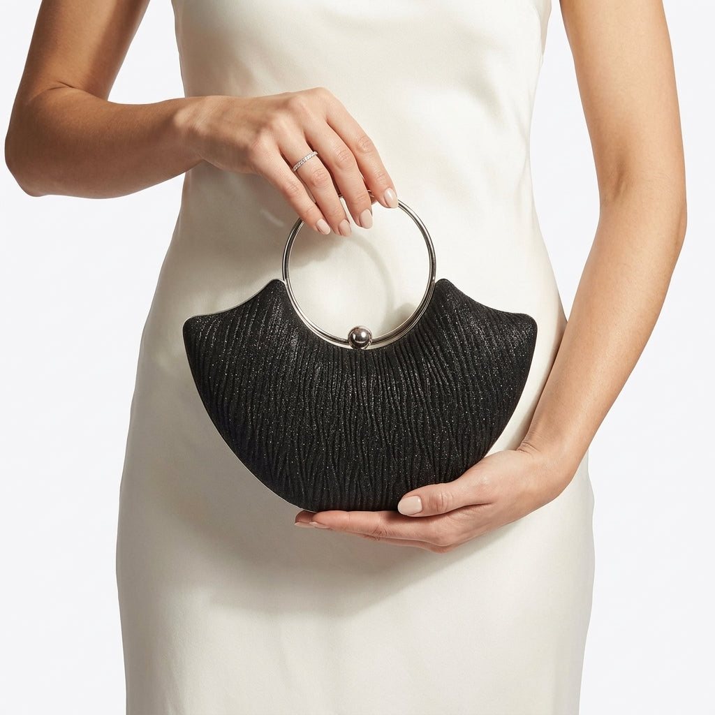 Shimmer Fan Top-Handle Evening Clutch Black