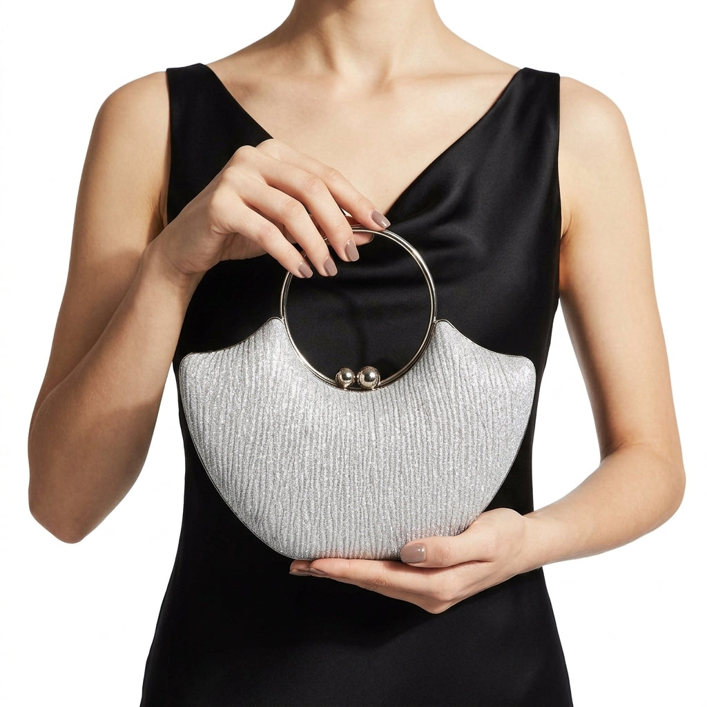 Shimmer Fan Top-Handle Evening Clutch Silver
