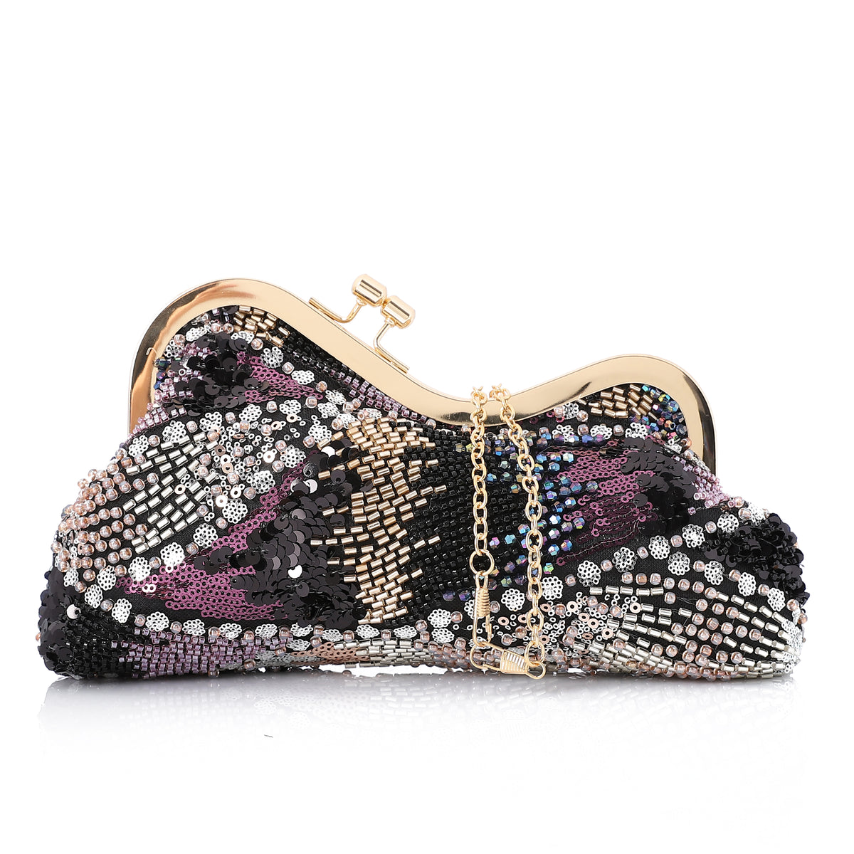 Beaded & Sequined Floral Evening Frame Clutch Black