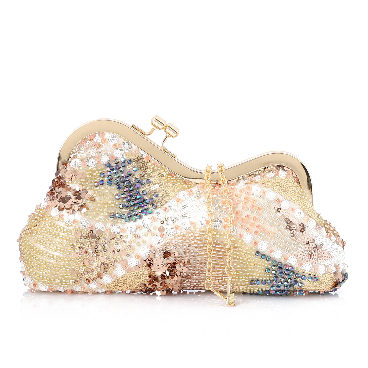 Beaded & Sequined Floral Evening Frame Clutch Gold