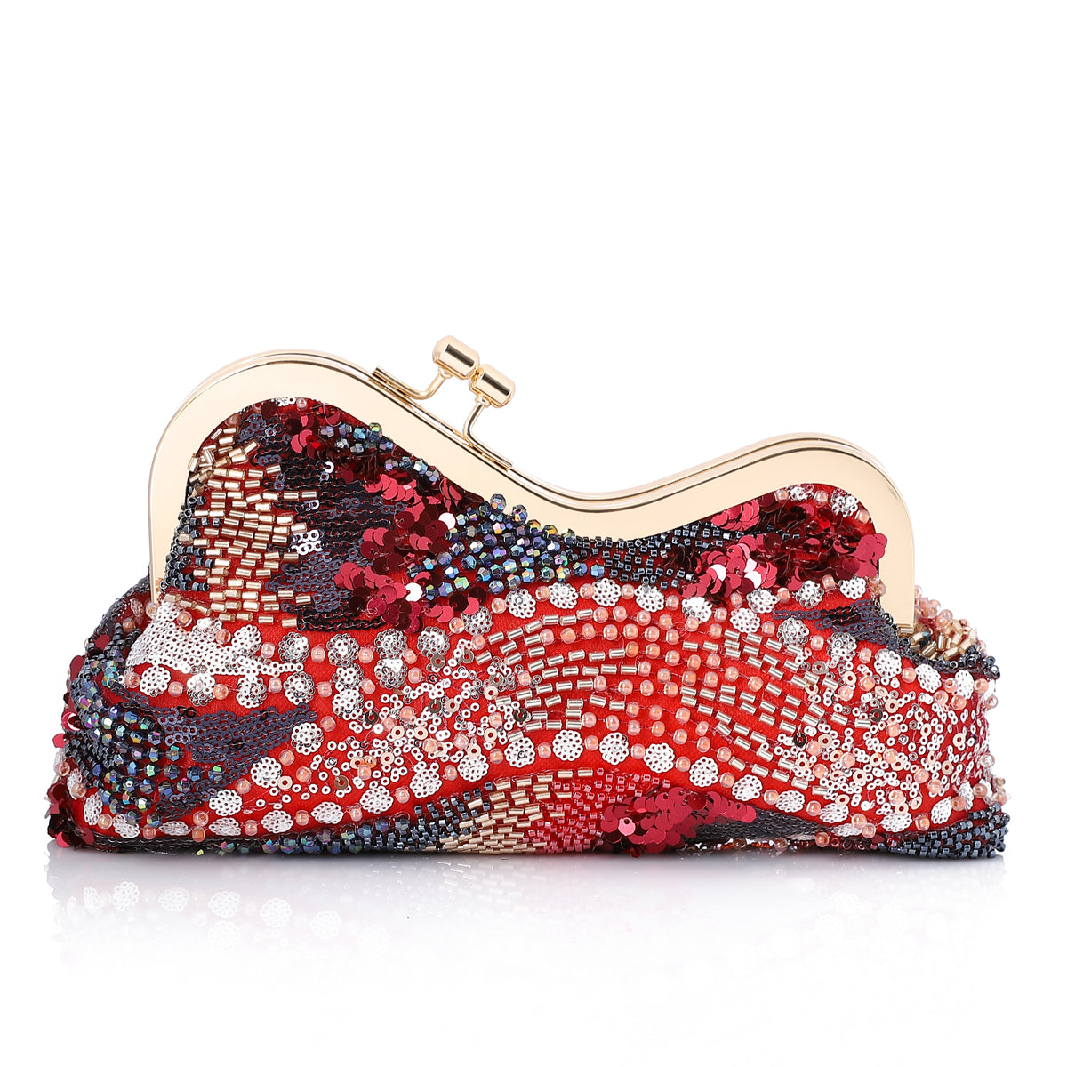 Beaded & Sequined Floral Evening Frame Clutch Red