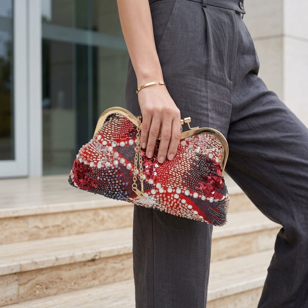 Beaded & Sequined Floral Evening Frame Clutch Red