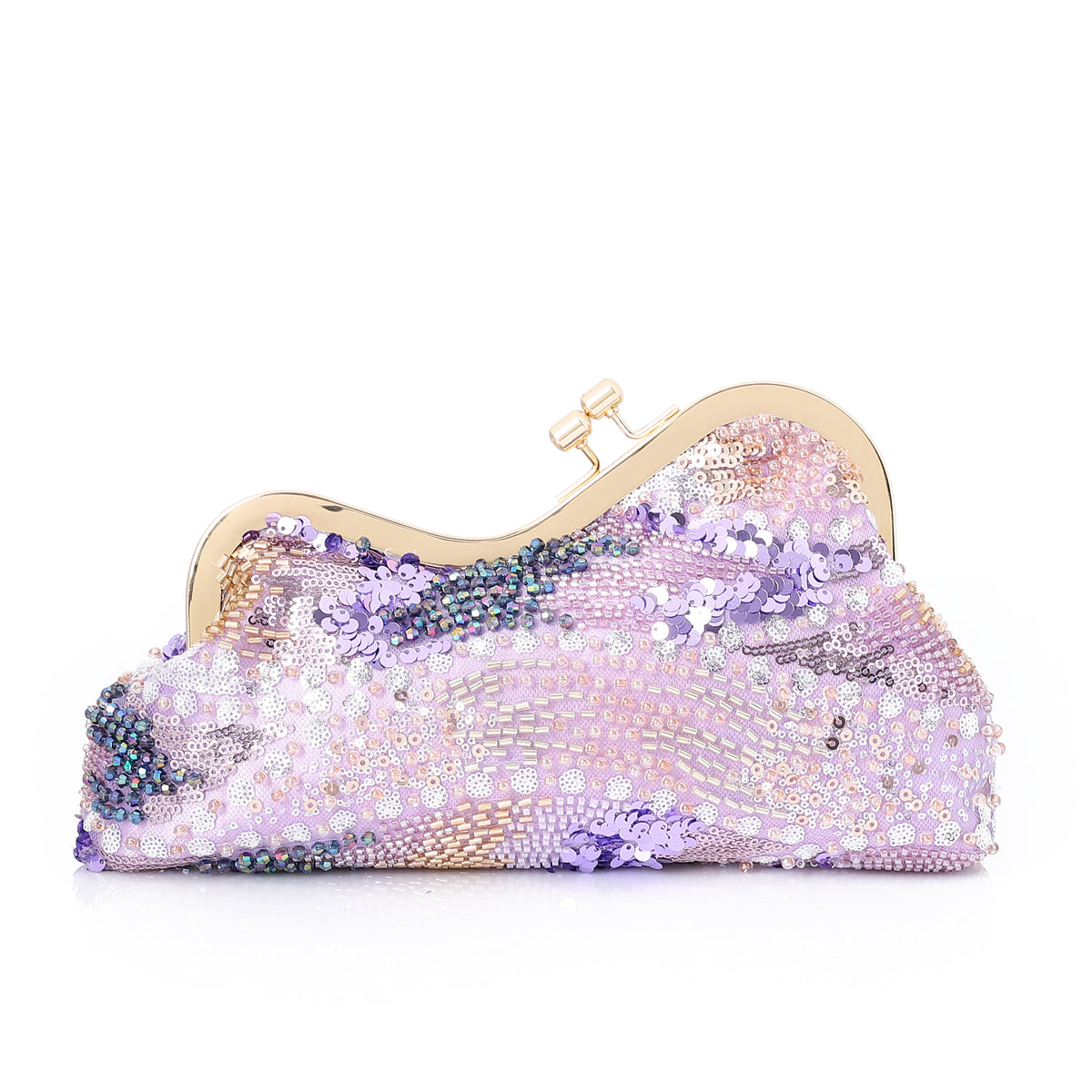 Beaded & Sequined Floral Evening Frame Clutch Purple