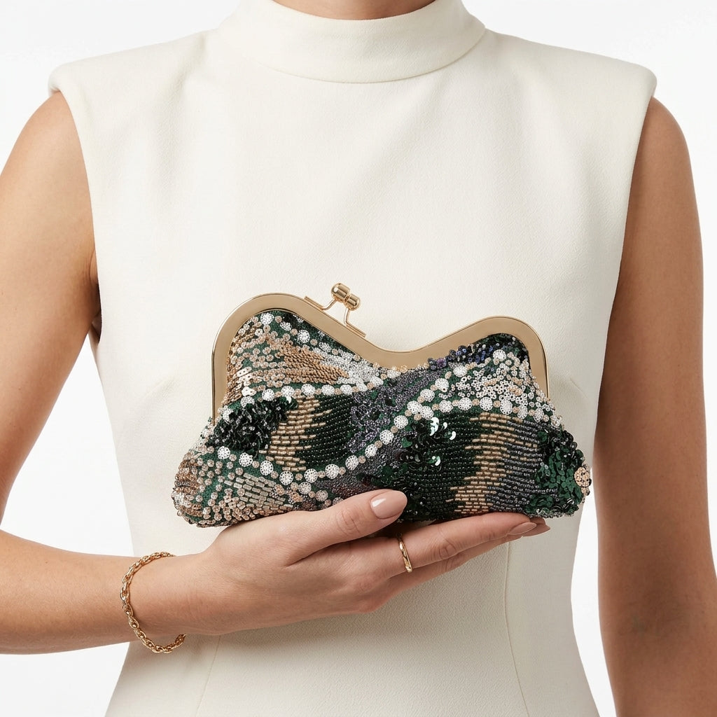 Beaded & Sequined Floral Evening Frame Clutch Green
